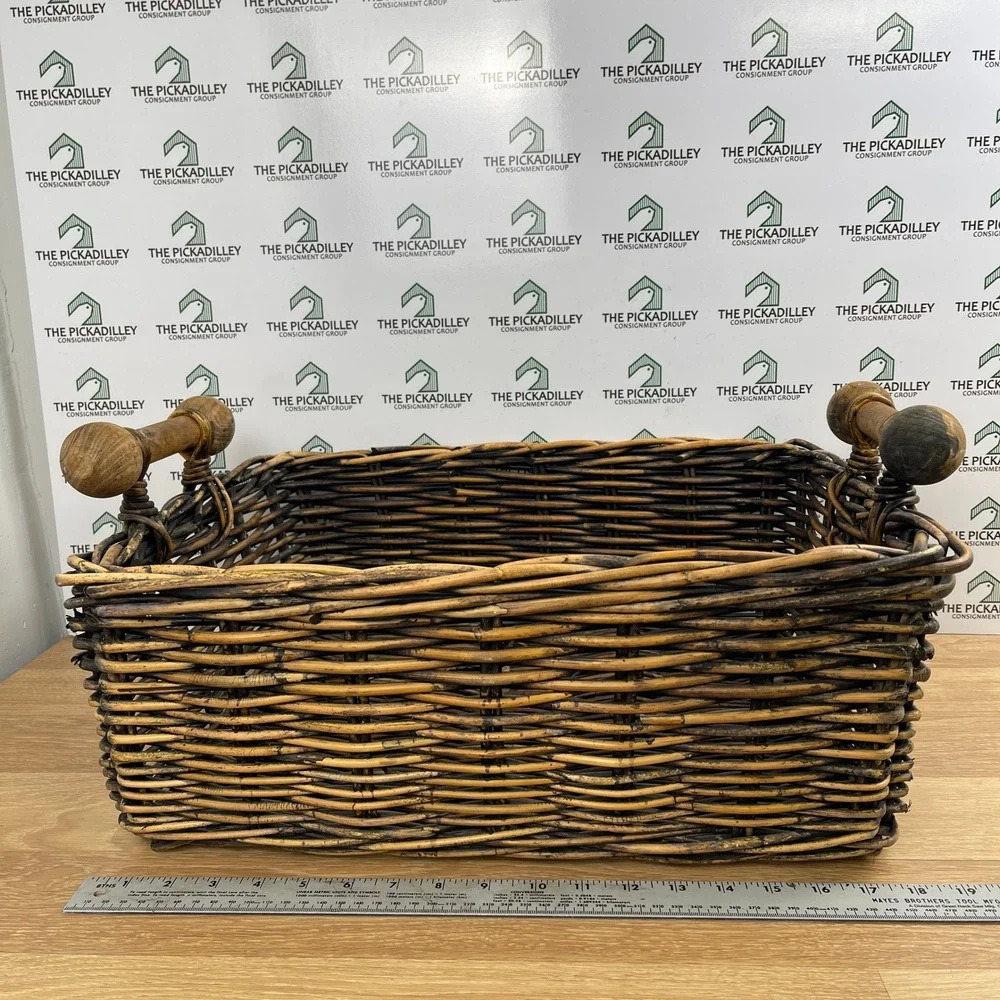 Large Rustic Hand Woven Rattan Storage Basket with Turned Wood Handles Brown